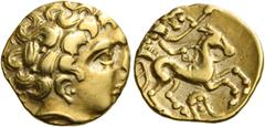 Celtic Coins CELTIC, Northwest Gaul. Uncertain tribe. Circa 3rd-2nd century BC. Quarter Stater (Gold, 12.5 mm, 1.92 g, 10 h), imitating staters of Philip II. Celticized head of Apollo to right, with c
