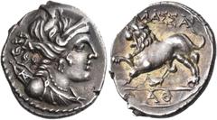 Greek Coins GAUL. Massalia. Circa 130-121 BC. Drachm (Silver, 16 mm, 2.69 g, 4 h). Diademed and draped bust of Artemis to right, wearing pendant earring and pearl necklace, and with her bow and quiver