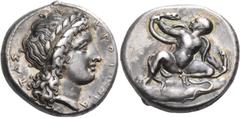 Greek Coins BRUTTIUM. Kroton. Circa 400-325 BC. Stater (Silver, 20 mm, 7.68 g, 6 h), circa 340s BC. ΚΡΟΤΟΝΙΑ - ΤΑΣ Laureate head of Apollo to right, with his long hair streaming down the back of his n