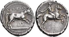 Greek Coins THESSALY. Larissa. Circa 370 BC. Drachm (Silver, 21 mm, 5.96 g, 2 h). ΛΑΡΙΣΑΙΩΝ Bull leaping to right. Rev. Thessalian horseman, wearing tunic, chlamys and petasos, holding a lance in his 