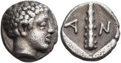 Greek Coins LESBOS. Antissa. Circa 400 BC. Obol (Silver, 8 mm, 0.71 g, 6 h). Youthful male head (apparently a sub-Saharan African). Rev. Club, shown vertically with the head below, dividing Α - Ν; all