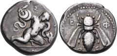Greek Coins IONIA. Ephesos. 405/404 BC. Double Siglos (Silver, 20 mm, 11.19 g, 11 h). Σ - Υ - Ν Infant Herakles (Herakliskos) kneeling to right, strangling two snakes, which are twined around his arms