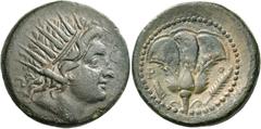 Greek Coins ISLANDS OFF CARIA, Rhodos. Rhodes. Circa 88 BC. (Bronze, 25 mm, 15.94 g, 12 h). Radiate head of Helios to right. Rev. Ρ - Ο Rose; in field to left, akrostolion; to right, palm branch. BMC 