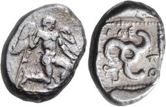 Greek Coins DYNASTS OF LYCIA. Kuprilli, circa 470/60-440/35 BC. Stater (Silver, 18 mm, 8.57 g, 9 h), Telmessos. Winged male figure, Eros?, nude and with wings on his heels as well, running to right, h