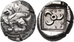 Greek Coins DYNASTS OF LYCIA. Tnnemi, circa 460-450 BC. Stater (Silver, 20 mm, 8.46 g). Griffin seated to the left, his right forepaw raised; above, uncertain symbol; all set on a round shield. Rev. Τ