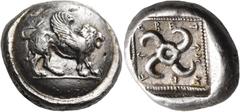 Greek Coins DYNASTS OF LYCIA. Teththiweibi, circa 450-430/20 BC. Stater (Silver, 18 mm, 8.52 g, 1 h), Kandyba. Winged lion walking to right on ground line; all on round shield. Rev. Τ-↑ΧΧ/Ε/Ϝ↑/ΕΒΕ Tet