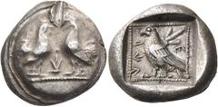 Greek Coins DYNASTS OF LYCIA. Kherei, circa 430-410 BC. Stater (Silver, 17 mm, 8.29 g, 8 h), c. 430-420. Two opposed roosters standing facing each other on dotted ground line; between them, monogram (