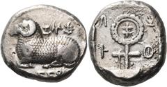 Greek Coins CYPRUS. Salamis. Nikodamos, circa 460-450 BC. Stater (Silver, 22 mm, 11.24 g, 3 h), with the name of Nikodamos's father Evelthon on the obverse.