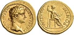 Roman Imperial Coins Tiberius, 14-37. Aureus (Gold, 19 mm, 7.76 g, 8 h), Lugdunum, late 20s-early 30s. TI CAESAR DIVI AVG F AVGVSTVS Laureate head of Tiberius to right. Rev. PONTIF MAXIM Female figure