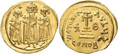 Byzantine Coins Heraclius, with Heraclius Constantine and Heraclonas, 610-641. Solidus (Gold, 22 mm, 4.49 g, 7 h), Constantinople, indiction year 9 = 635/6. From left to right, Heraclonas, wearing cap