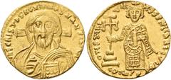 Byzantine Coins Justinian II, first reign, 685-695. Solidus (Gold, 19 mm, 4.42 g, 6 h), Constantinople, 692-695. IhS CRISTDS REX REGNANTIuM Draped bust of Christ facing, with long hair and full beard,
