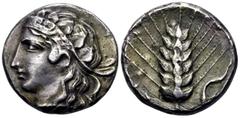 The Vineyard Collection Part II, Spain to Sicily LUCANIA. Metapontum. Circa 400-340 BC. Didrachm or nomos (Silver, plated, 19 mm, 5.78 g, 12 h), c. 400-380. Head of Nike to left, wearing a diadem orna