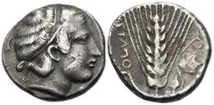 The Vineyard Collection Part II, Spain to Sicily LUCANIA. Metapontum. Circa 400-340 BC. Didrachm or nomos (Silver, plated, 20 mm, 7.22 g, 5 h). Head of Demeter to right. Rev. ΜΕTAΠO Ear of barley; to 
