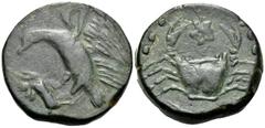 The Vineyard Collection Part II, Spain to Sicily SICILY. Akragas. Circa 415-406 BC. Hemilitron (Bronze, 26 mm, 18.57 g, 2 h). AKPA Eagle to left, clutching dead hare in its talons. Rev. Crab; above, f