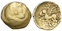 Celtic CELTIC, Northwest Gaul. Uncertain tribe. Circa 220-180 BC. Quarter Stater (Gold, 15 mm, 1.81 g, 12 h), "au griffon ailé" series. Almost obliterated celticized head of Apollo to right. Rev. Char