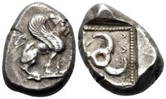 Greek DYNASTS OF LYCIA. Kuprilli, Circa 470/60-440/35 BC. Stater (Silver, 18 mm, 8.26 g, 10 h). Sphinx, with hair in sakos, seated to right. Rev. [ΚΟ - ΠΡ]- ΛΛΕ Triskeles to left; all within a square 