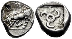 Greek DYNASTS OF LYCIA. Kuprilli, Circa 470/60-440/35 BC. Stater (Silver, 18.5 mm, 8.65 g, 8 h), Telmessos (?). Bull butting to left. Rev. Κ]Ο - ΠΡ - ΛΛΕ Triskeles to left; all within a square beaded 