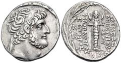 Greek SELEUKID KINGS OF SYRIA. Demetrios III Eukairos, 97/6-88/7 BC. Tetradrachm (Silver, 28 mm, 16.00 g, 12 h), Damascus, year AKΣ (221) = 92/91. Diademed and bearded head of Demetrios to right. Rev.