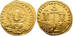 Byzantine Basil II Bulgaroktonos, with Constantine VIII, 976-1025. Histamenon nomisma (Gold, 21 mm, 4.42 g, 6 h), Constantinople, 989-1001. +IhS XIS REX REGNANTIhM Bust of Christ Pantocrator facing, w