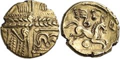 Celtic CELTIC BRITAIN, Catuvellauni. Unknown ruler, circa 55-50 BC. Stater (Gold, 18 mm, 5.88 g, 6 h), 'Early Whaddon Chase' type, with rounded wing. Devolved Apollo head with wreath pattern; above, r