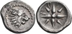 Greek LYCIA. Xanthos. Time of Maussollos of Caria, circa 360 BC. Drachm (Silver, 17 mm, 3.84 g). Lion's head with open jaws to right. Rev. Α - Ρ - [Ξ] (= Lycian Arñna) Star of eight rays, with a lette