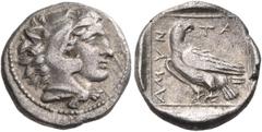 Greek KINGS OF MACEDON. Amyntas III, 393-370/69 BC. Triobol (Silver, 13 mm, 1.79 g, 4 h), Pella. Head of youthful Herakles to right, wearing lion's skin headdress. Rev. AMYN-TA Eagle standing to left,