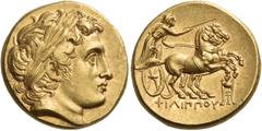 Greek KINGS OF MACEDON. Philip II, 359-336 BC. Stater (Gold, 17 mm, 8.70 g, 11 h), struck under Philip III, Kolophon, 323-317. Laureate head of Apollo to right, with the features of Alexander III. Rev