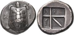 Greek ISLANDS OFF ATTICA, Aegina. Circa 350-338 BC. Stater (Silver, 21 mm, 11.96 g). Α-Ι Tortoise seen from above. Rev. Incuse square divided by skew-pattern into 5 compartments; Ν-Ι in the upper two 