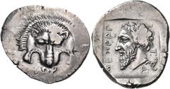 Greek DYNASTS OF LYCIA. Mithrapata, Circa 390-370 BC. Stater (Silver, 26 mm, 9.85 g, 9 h), Antiphellos, c. 380-375. Lion's scalp facing; below nose, triskeles. Rev. Methrapata (in Lycian script) Beard