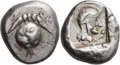 Greek PAMPHYLIA. Side. Circa 460-430 BC. Stater (Silver, 21 mm, 10.77 g, 12 h), c. 460-450. Pomegranate on a stem with a leaf on each side. Rev. Helmeted head of Athena to right, wearing crested Attic