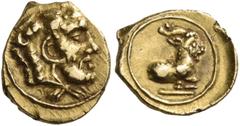 Greek CYPRUS. Salamis. Evagoras I, circa 411-374 BC. Tenth Stater (Gold, 9 mm, 0.71 g, 2 h). Bearded head of Herakles to right, wearing lion's skin headdress. Rev. Forepart of a goat recumbent to righ