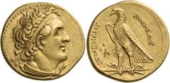 Greek PTOLEMAIC KINGS OF EGYPT. Ptolemy I Soter, 305-282 BC. Pentadrachm (Gold, 24 mm, 17.84 g, 1 h), signed by D..., Alexandria, c. 294-285. Bust of Ptolemy I to right, wearing diadem and aegis aroun