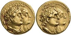Greek PTOLEMAIC KINGS OF EGYPT. Ptolemy II Philadelphos, with Arsinöe II, Ptolemy I, and Berenike I, 285-246 BC. Pentekontadrachma, or Half Mnaieia (Gold, 21 mm, 13.90 g, 12 h), Alexandria, after 265.