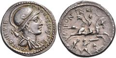 Roman Republican & Imperatorial P. Fonteius P.f. Capito, 55 BC. Denarius (Silver, 18 mm, 3.86 g, 1 h), Rome. P • FONTEIVS • P • F • CAPITO • III • VIR Helmeted and draped bust of Mars to right, with t