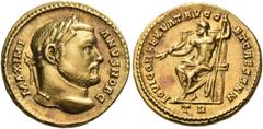 Roman Imperial & Provincial Galerius, as Caesar, 293-305. Aureus (Gold, 16 mm, 5.27 g, 7 h), Trier, 293-305. MAXIMI - ANVS NOB C Laureate head of Galerius to right. Rev. IOVI CONSERVAT AVGG – ET CAESS
