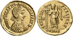 Roman Imperial & Provincial Justa Grata Honoria, Augusta, circa 426-450. Solidus (Gold, 20 mm, 4.38 g, 12 h), Ravenna, c. 439. D N IVST GRAT HO-NORIA P F AVG Diademed and draped bust of Honoria to rig
