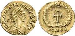 Roman Imperial & Provincial Anthemius, 467-472. Tremissis (Gold, 13 mm, 1.32 g, 7 h), uncertain mint in Italy. D N ANTHMIVS VG (sic!) Pearl-diademed, draped and cuirassed bust of Anthemius to right. R