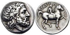 Greek KINGS OF MACEDON. Philip II, 359-336 BC. Tetradrachm (Silver, 26.5 mm, 14.23 g, 6 h), struck posthoumously under Philip III Arhidaios, Pella, c. 323-318/7. Laureate head of Zeus to right. Rev. Φ