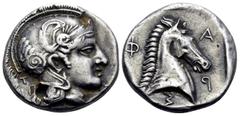Greek THESSALY. Pharsalos. Early to mid 4th Century BC. Hemidrachm (Silver, plated, 15 mm, 2.36 g, 3 h). Head of Athena to right, wearing crested Attic helmet with raised cheek flaps and adorned with 