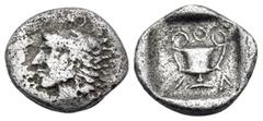 Greek AKARNANIA, Federal Coinage (Akarnanian Confederacy). Unknown mint. Circa 420-380 BC. Diobol (Silver, 11 mm, 0.70 g, 6 h). Beardless head of Herakles to left, wearing lion's skin headdress; above