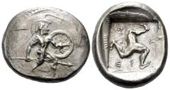 Greek PAMPHYLIA. Aspendos. Circa 465-430 BC. Stater (Silver, 25 mm, 11.19 g, 3 h), overstruck on an uncertain stater of Paphos, c. 440s BC. Warrior advancing to right, holding shield and spear. Rev. E