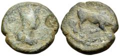 Greek KINGS OF COMMAGENE. Antiochos I Theos with Mithradates II, 38-36 BC. Oktachalkon (Bronze, 25.5 mm, 13.47 g, 1 h), third series, 70-56. BA MΕΓ ANT[IOXOY] Diademed and draped bust of Antiochos I t