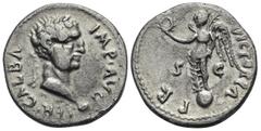 Roman Imperial Galba, 68-69. Denarius (Silver, 17.5 mm, 3.63 g), Carthage, circa October 68 - June 69. IMP AVG SER GALBA Laureate head of Galba to right, set on globe. Rev. VICTORIA PR S-C Victory sta