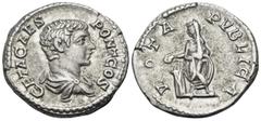 Roman Imperial Geta, as Caesar, 198-209. Denarius (Silver, 18 mm, 3.59 g, 6 h), Rome, 203-208. GETA CAES PONT COS Bareheaded and draped bust of Geta to right. Rev. VOTA PVBLICA Geta, togate, standing 