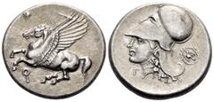 Greek CORINTHIA. Corinth. Circa 375-300 BC. Stater (Silver, 21.5 mm, 8.53 g, 6 h). Pegasus flying left with pointed wing, below Ϙ. Rev. Γ Head of Aphrodite to left, wearing pearl necklace and Corinthi