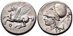 Greek CORINTHIA. Corinth. Circa 375-300 BC. Stater (Silver, 20 mm, 8.58 g, 9 h). Pegasus flying to left with pointed wing, below, Ϙ. Rev. Head of Aphrodite to left, wearing Corinthian helmet and pearl