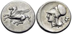 Greek CORINTHIA. Corinth. Circa 375-300 BC. Stater (Silver, 21.5 mm, 8.51 g, 12 h). Pegasus flying to left with pointed wing, below, Ϙ. Rev. Head of Aphrodite to left, wearing Corinthian helmet and pe