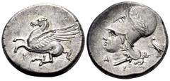 Greek CORINTHIA. Corinth. Circa 345-307 BC. Stater (Silver, 21.5 mm, 8.62 g, 9 h). Pegasus flying to left with pointed wing, below Ϙ. Rev. Α-Ρ Head of Aphrodite to left, wearing pearl necklace and Cor