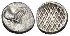 Greek TROAS. Dardanos. Early 5th century BC. Obol (Silver, 8.5 mm, 0.68 g). Rooster standing to left. Rev. Cross-hatch design. Klein 303. With a very unusual reverse. Obverse slightly off-center, othe