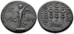 Roman Provincial MACEDON. Philippi. Time of Claudius or Nero, 41-68. Assarion (Copper, 19.5 mm, 5.25 g, 5 h). VIC - AVG Victory standing left on base, holding wreath in her outstretched right hand and